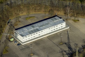 Aerial photo, refugee accommodation container village Kirchenberg at Erich-Berlet-Stadion,