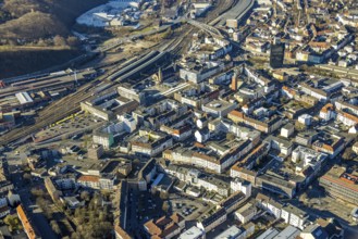 Aerial view, central station and city centre, medium-sized town, Hagen, Ruhr area, North