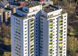 Aerial view, high-rise housing estate Pappelstraße with coloured balconies, shapes and colours,