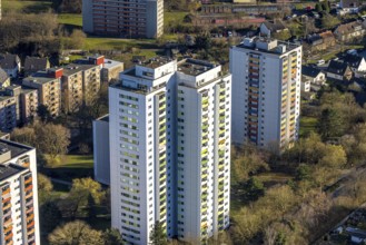 Aerial view, high-rise housing estate Pappelstraße with coloured balconies, shapes and colours,