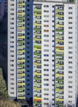 Aerial view, high-rise housing estate Pappelstraße with coloured balconies, shapes and colours,