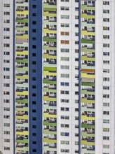 Aerial view, high-rise housing estate Pappelstraße with coloured balconies, shapes and colours,