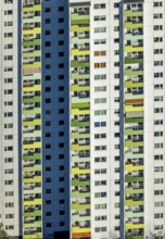 Aerial view, high-rise housing estate Pappelstraße with coloured balconies, shapes and colours,