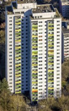 Aerial view, high-rise housing estate Pappelstraße with coloured balconies, shapes and colours,