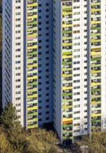 Aerial view, high-rise housing estate Pappelstraße with coloured balconies, shapes and colours,