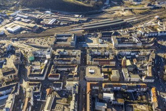 Aerial view, central station and city centre, medium-sized town, Hagen, Ruhr area, North