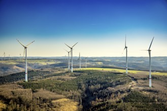 Aerial view, wind turbine park at Piepenbrink, distant view and blue sky, Hohenlimburg, Hagen, Ruhr