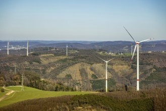 Aerial view, hilly landscape forest area with forest damage and wind turbines in Dahl, Hagen, Ruhr