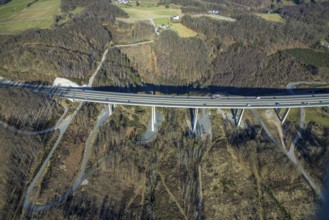 Aerial view, motorway bridge Talbrücke Brunsbecke of the A45 motorway, forest area, Eilpe, Hagen,