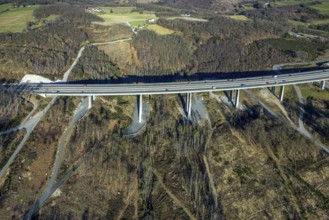 Aerial view, motorway bridge Talbrücke Brunsbecke of the A45 motorway, forest area, Eilpe, Hagen,