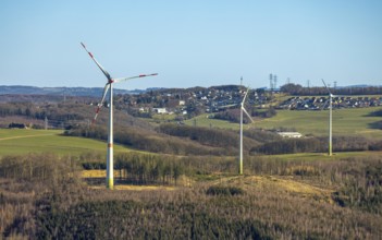 Aerial view, wind turbine park at Piepenbrink, distant view and blue sky, Hohenlimburg, Hagen, Ruhr