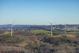 Aerial view, wind turbine park at Piepenbrink, distant view and blue sky, Hohenlimburg, Hagen, Ruhr