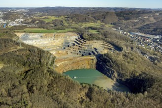 Aerial view, Steltenberg quarry with geological trail and lake, Hohenlimburg, Hagen, Ruhr area,