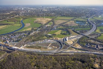 Aerial view, Kaiserberg motorway junction with A3 and A40 motorways, bridge construction and