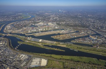 Aerial view, duisport port of Duisburg, port area, oil island, coal island, container terminal and