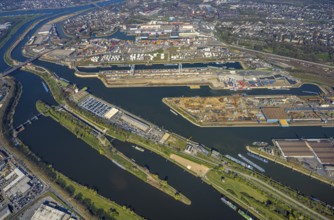 Aerial view, duisport Port of Duisburg, port area, oil island, coal island, container terminal and
