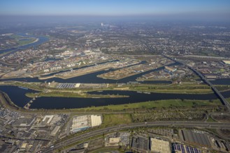 Aerial view, duisport port of Duisburg, port area, oil island, coal island, container terminal and