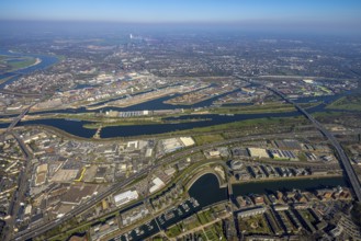 Aerial view, duisport port of Duisburg, port area, oil island, coal island, container terminal and