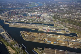 Aerial view, duisport port of Duisburg, port area, oil island, coal island, container terminal and