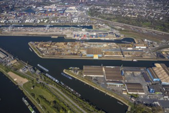 Aerial view, duisport Port of Duisburg, harbour area, oil island, coal island container terminal