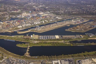 Aerial view, duisport Port of Duisburg, port area, oil island, coal island, container terminal and