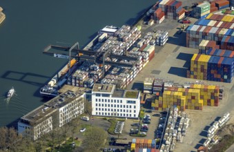 Aerial view, container harbour, duisport Duisburger Hafen AG headquarters, Ruhrort, Duisburg, Ruhr