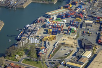 Aerial view, container harbour, duisport Duisburger Hafen AG headquarters, Ruhrort, Duisburg, Ruhr