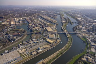 Aerial view, duisport harbour Duisburg, harbour area, steel island, oil island, coal island,