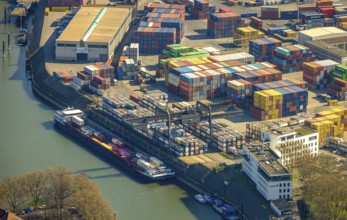 Aerial view, duisport harbour, container port and Duisburger Hafen AG headquarters, Ruhrort,