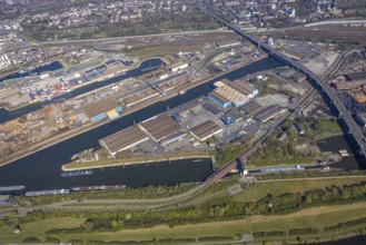 Aerial view, duisport Port of Duisburg, port area, coal island container terminal and scrap island