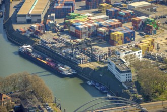 Aerial view, duisport harbour, container port and Duisburger Hafen AG headquarters, Ruhrort,