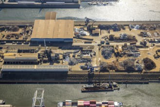 Aerial view, duisport harbour Duisburg, harbour area, scrap island raw material island, Ruhrort,