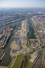 Aerial view, duisport Port of Duisburg, harbour area, oil island, coal island container terminal