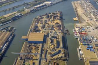 Aerial view, duisport harbour Duisburg, harbour area, scrap island raw material island, Ruhrort,