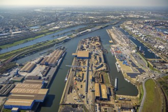 Aerial view, duisport Port of Duisburg, harbour area, oil island, coal island container terminal