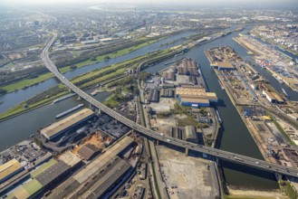 Aerial view, duisport Port of Duisburg, port area, A59 motorway and Duisburg interchange, Berlin