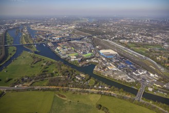Aerial view, duisport Port of Duisburg, port area, A59 motorway with Berlin Bridge over the Ruhr