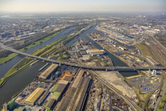 Aerial view, duisport port Duisburg, port area, motorway A59 with Berlin bridge over the river Ruhr