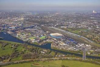 Aerial view, duisport Port of Duisburg, port area, A59 motorway, freight station, Ruhrort,