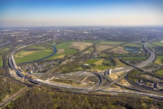 Aerial view, Kaiserberg motorway junction with A3 and A40 motorways, bridge construction and