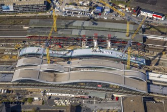 Aerial view, main station Hbf major construction site with new track hall and station forecourt