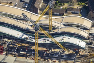 Aerial view, main station Hbf major construction site with new track hall and station forecourt