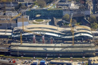 Aerial view, main station Hbf major construction site with new track hall and station forecourt