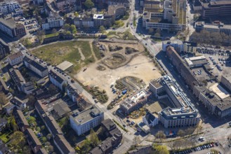 Aerial view, Mercator Quartier Duisburg construction site with Premier Inn Hotel construction