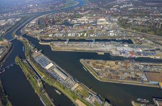 Aerial view, duisport Port of Duisburg, port area, oil island, coal island, container terminal and