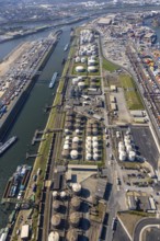 Aerial view, duisport harbour Duisburg, harbour area, oil island, Ruhrort, Duisburg, Ruhr area,