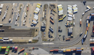 Aerial view, duisport Port of Duisburg, port area, oil island lorry parking, Ruhrort, Duisburg,