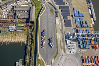 Aerial view, duisport Port of Duisburg, port area, coal island container terminal, lorry park,