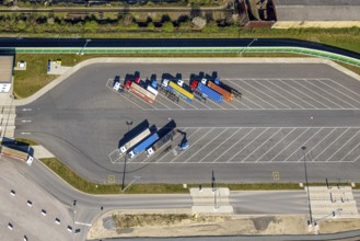 Aerial view, duisport Port of Duisburg, port area, coal island container terminal, lorry park,