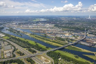 Aerial view, Berlin bridge of motorway A59 over river Ruhr and Rhine-Herne-Canal between motorway